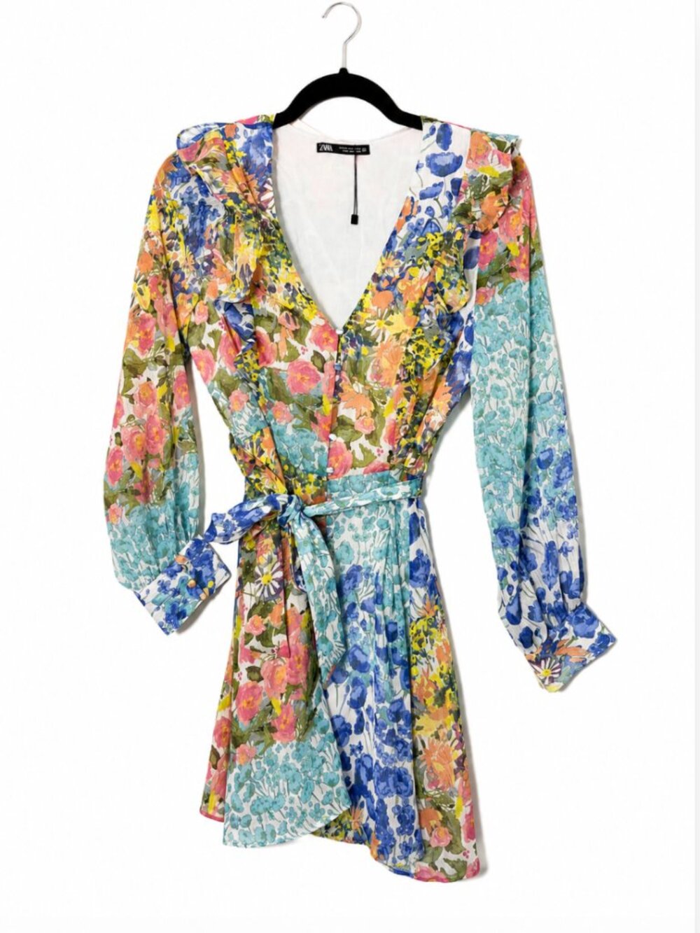 Zara Floral Patchwork Mini Dress with Ruffles & Tie Waist - Size Medium